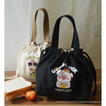 Drawstring Portable Cotton Cute Cartoon Printed Canvas Hand Carry Lunch Bag